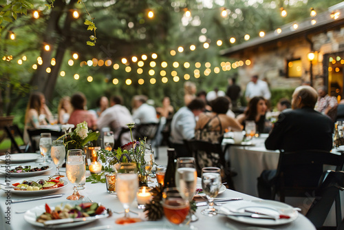 Elegant outdoor wedding reception with string lights photo