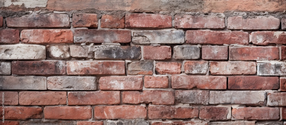 Brick wall with weathered texture seen up close next to a traditional red and white fire hydrant on a city street corner Brick wall with weathered texture seen up close next to a traditional red and white fire hydrant on a city street corner