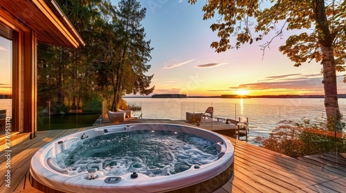 The Outdoor Charm of a Waterfront House with a Sunset-View Jacuzzi in the Secluded Backyard
