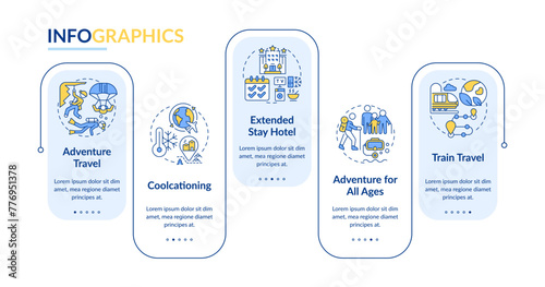 Trends in traveling blue rectangle infographic template. Data visualization with 5 steps. Editable timeline info chart. Workflow layout with line icons. Lato-Bold, Regular fonts used