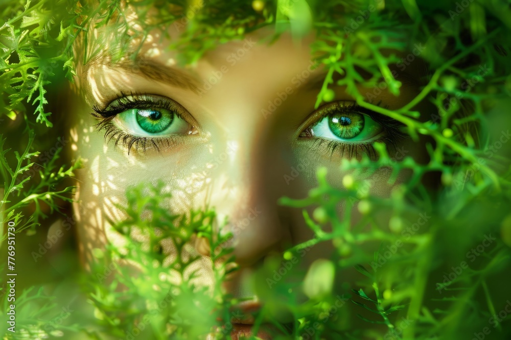 Captivating close-up shot of a person's eyes peering through lush green leaves, highlighting natural beauty Captivating close-up shot of a person's eyes peering through lush green leaves, highlighting natural beauty
