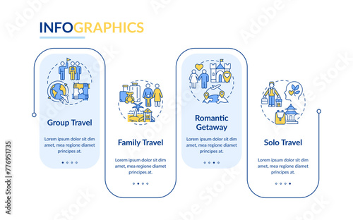 Travel types blue rectangle infographic template. Travel agency Data visualization with 4 steps. Editable timeline info chart. Workflow layout with line icons. Lato-Bold, Regular fonts used © bsd studio