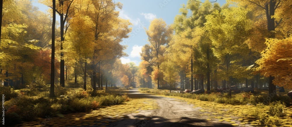 A scenic dirt road surrounded by trees with yellow leaves in the autumn season A scenic dirt road surrounded by trees with yellow leaves in the autumn season