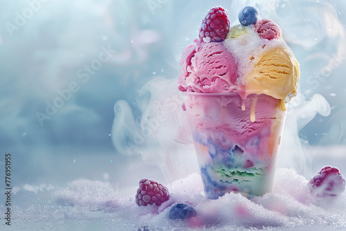 Vibrant scoops of ice cream amidst a dreamy, misty backdrop. Frosty scene of an ice cream sundae, with scoops of vividly colored gelato topped with sparkling sugar crystals.