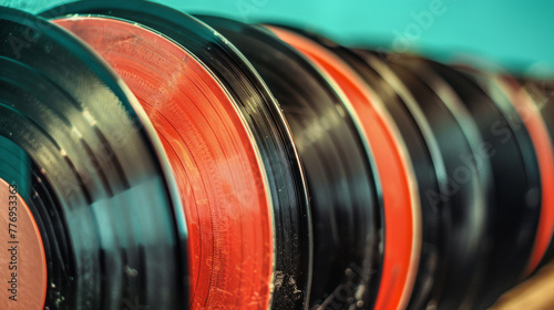 Vivid macro shot of stacked colorful vinyl records highlighting the texture and grooves of the musical format photo
