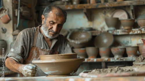 A potter working in a shop works with his hands to shape clay on a pottery stand, creating a clay basin with skill. Craftsmanship, authenticity,