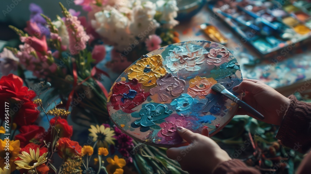 Close-up of an artist's hand holding a painting palette in a work shop with various colors, an artist's palette and flowers. Craftsmanship