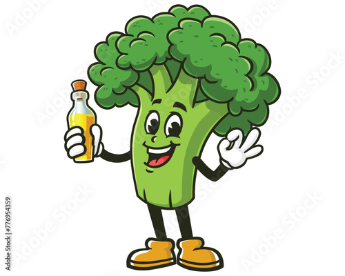 Broccoli with Broccoli Seed Oil cartoon mascot illustration character vector clip art hand drawn