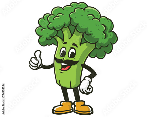 Broccoli with mustache cartoon mascot illustration character vector clip art hand drawn