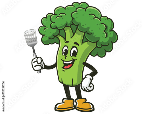 Broccoli holding a spatula cartoon mascot illustration character vector clip art hand drawn