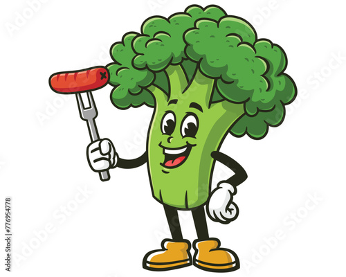 Broccoli holding sausage cartoon mascot illustration character vector clip art hand drawn