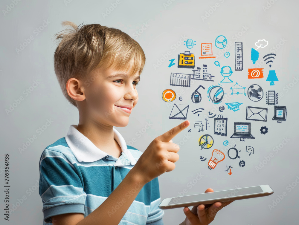 Child pointing icons in empty space, virtual icons, holograms Child pointing icons in empty space, virtual icons, holograms