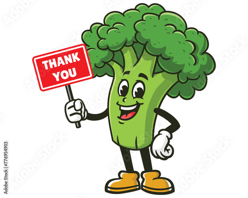 Broccoli holding thank you sign board cartoon mascot illustration character vector clip art hand drawn