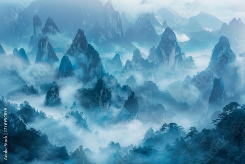 Towering peaks and misty ambiance.