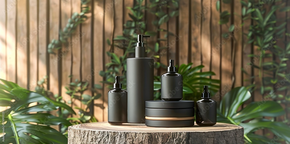 A Collection of Black Aroma Spa Bottles Poised on a Wooden Log, Complemented by Greenery and the Gentle Kiss of Sunlight A Collection of Black Aroma Spa Bottles Poised on a Wooden Log, Complemented by Greenery and the Gentle Kiss of Sunlight