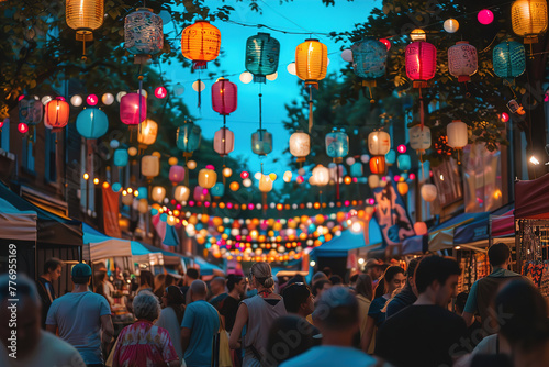Night market with colorful lanterns and bustling crowd