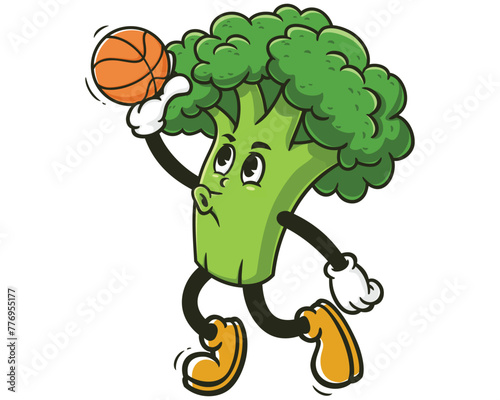 Broccoli playing slam dunk basketball cartoon mascot illustration character vector clip art hand drawn