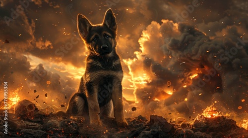 A baby German Shepherd, surrounded by ancient artifacts, eyes glowing with a prophecy untold, under a sky alight with painful, sparking embers.