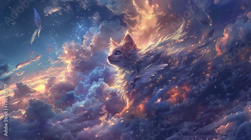 A baby-dog and winged cats, under a sky painted in twilight hues, each element in an amazing composition that whispers of dreams. photo