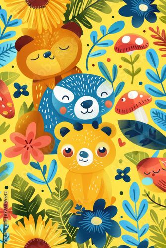 Yellow background featuring illustrations of bears and flowers