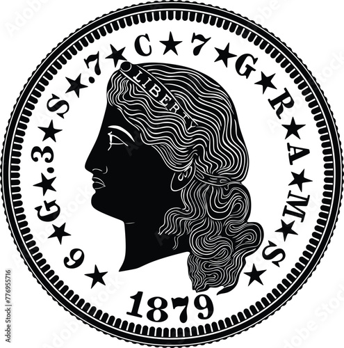Stella four dollar 1879 gold coin vector design handmade silhouette. 	