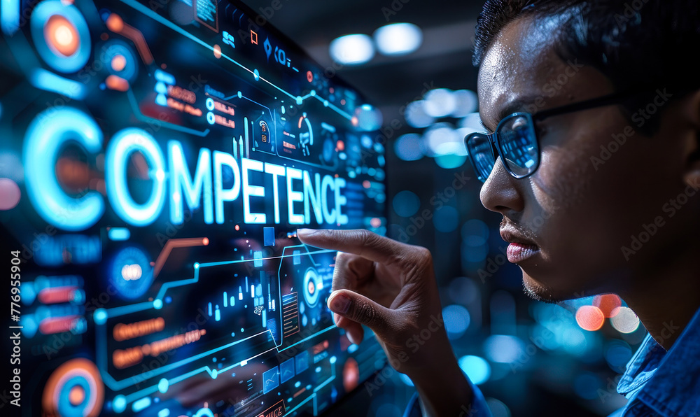 Business Professional Engaging with a Competence Framework on a Virtual Interface, Showcasing Skill Development and Performance Metrics for Personal and Organizational Growth Business Professional Engaging with a Competence Framework on a Virtual Interface, Showcasing Skill Development and Performance Metrics for Personal and Organizational Growth