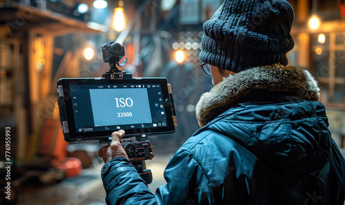 Professional photographer or videographer holding digital tablet showcasing extremely high 22000 ISO setting, exceptional low-light performance & sensitivity capturing images or videos in dim lighting