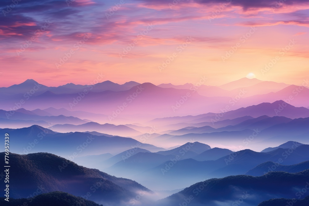 Mountain range at sunset background, A serene mountain range at sunset with hues of pink, illustration of a mountain range silhouetted against a breathtaking sunset sky, Ai generated
