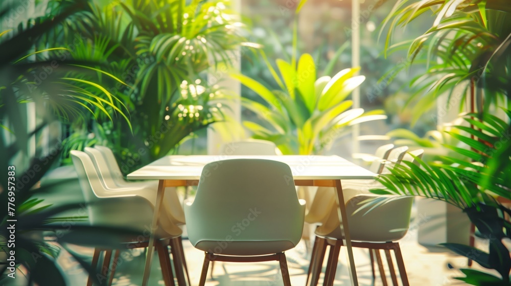 bright and cheerful meeting room background full of plants, minimalism meeting room table 