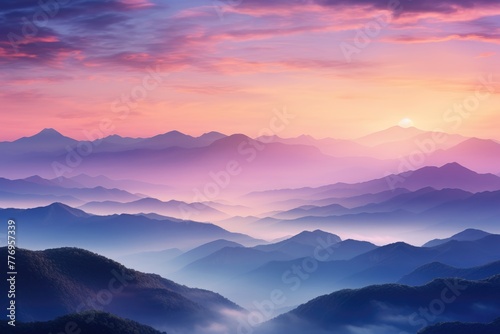 Mountain range at sunset background, A serene mountain range at sunset with hues of pink, illustration of a mountain range silhouetted against a breathtaking sunset sky, Ai generated © Tanu