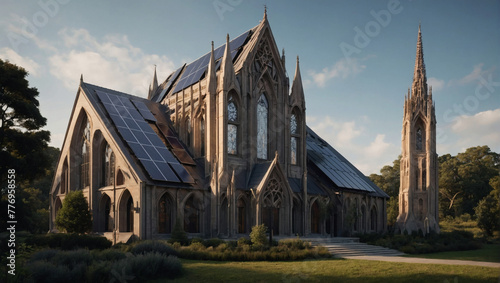 Gothic-inspired cathedral converted into an eco-conscious residence, with solar panels discreetly installed on its soaring spires. photo