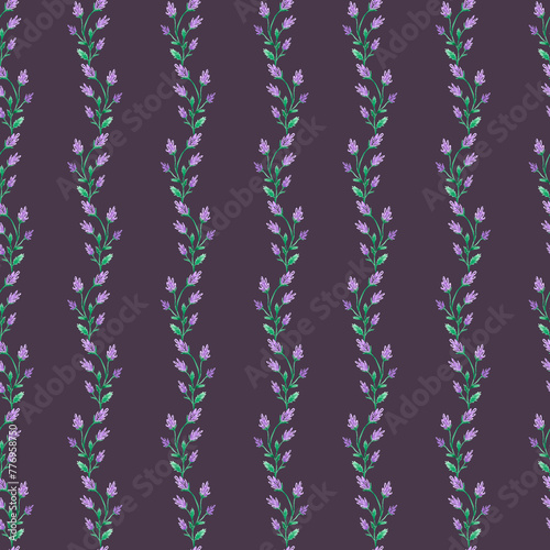 Hand drawn watercolor lavender wildflower seamless pattern isolated on dark background. Can be used for textile, fabric and other printed products.
