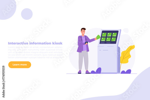 Man using self service terminal, Interactive information kiosk concept. Flat Vector illustration for banner, website, landing page, flyer.