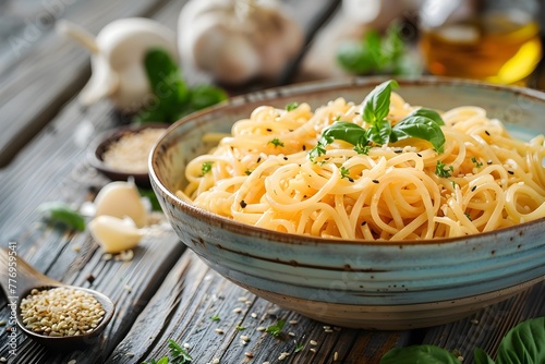 Savory Sesame-Infused Noodle Medley in Rustic Ceramic Bowl