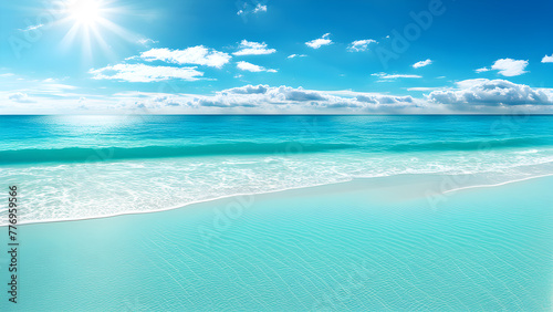 The beach scenery under the blue sky and white clouds, with blue oceans and yellow beaches