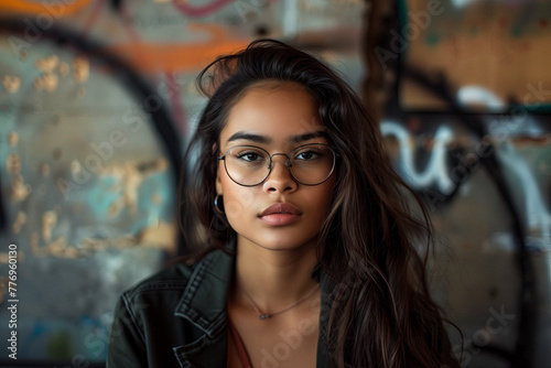 Urban Chic Woman with Glasses. Young woman with glasses posing confidently, urban background.