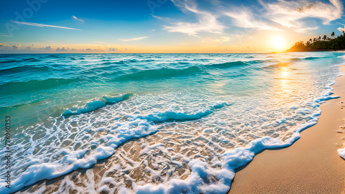 The beach scenery under the blue sky and white clouds, with blue oceans and yellow beaches