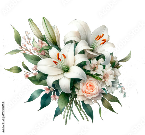 Bouquet of white lilies and alstroemeria, floral wedding arrangement. Watercolor illustration photo