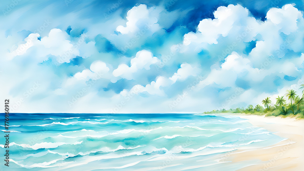 The beach scenery under the blue sky and white clouds, with blue oceans and yellow beaches