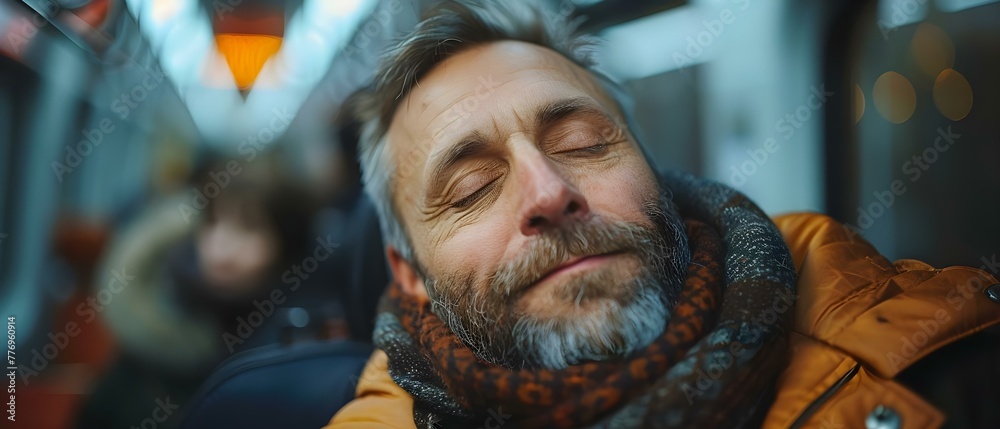 Obraz premium A middle-aged man nodded off during a train journey. Concept People, Train travel, Napping, Middle-aged, Transportation