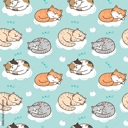 Seamless Pattern with Cartoon Cat Sleeping Design on Pastel Green Background © Supannee