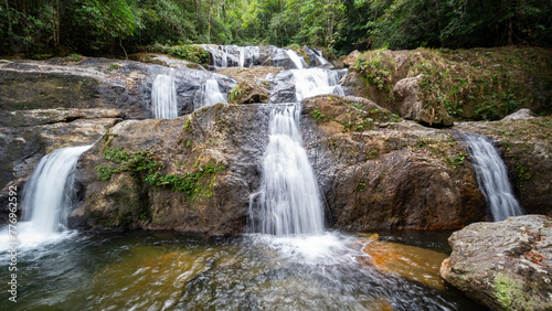 waterfalls in deep forest at Srinakarin National Park  A beautiful stream water famous rainforest waterfall in Thailand 