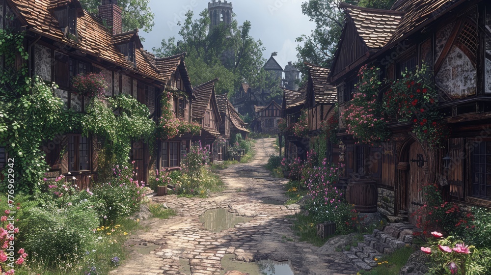 Medieval Village: Capture quaint medieval village streets, timber-framed houses, and cobblestone pathways to depict rural life Medieval Village: Capture quaint medieval village streets, timber-framed houses, and cobblestone pathways to depict rural life