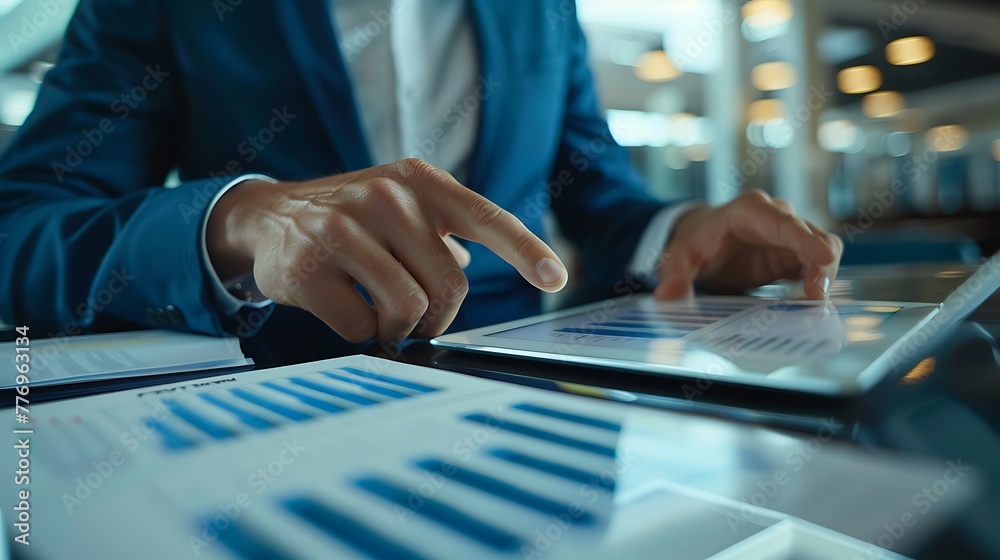 Close up businessman hand using tablet and pointing on summary report at office. Male businessman reviews a summary report on tablet. Close up businessman hand using tablet and pointing on summary report at office. Male businessman reviews a summary report on tablet.