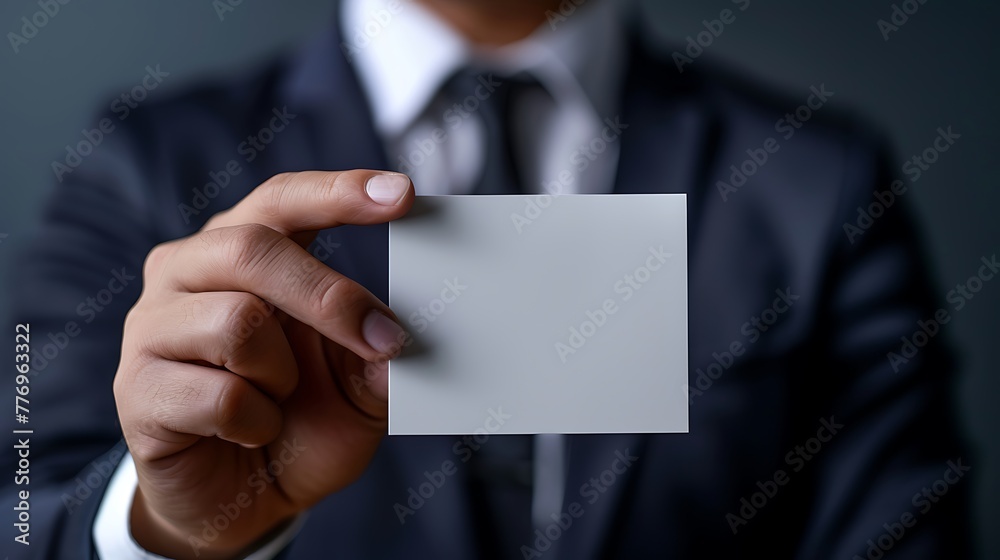 Close up hand of Businessman holding blank white card in studio Close up hand of Businessman holding blank white card in studio