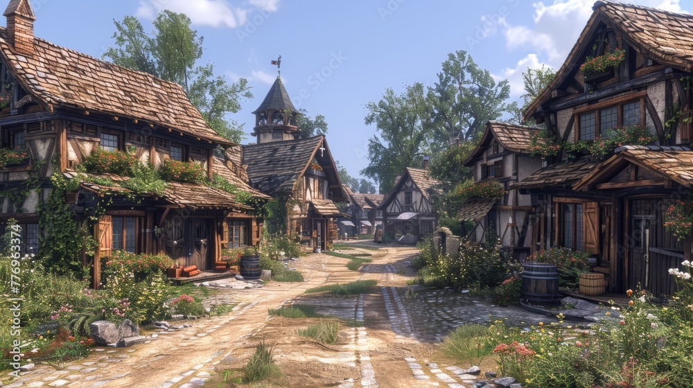Medieval Village: Capture quaint medieval village streets, timber-framed houses, and cobblestone pathways to depict rural life Medieval Village: Capture quaint medieval village streets, timber-framed houses, and cobblestone pathways to depict rural life