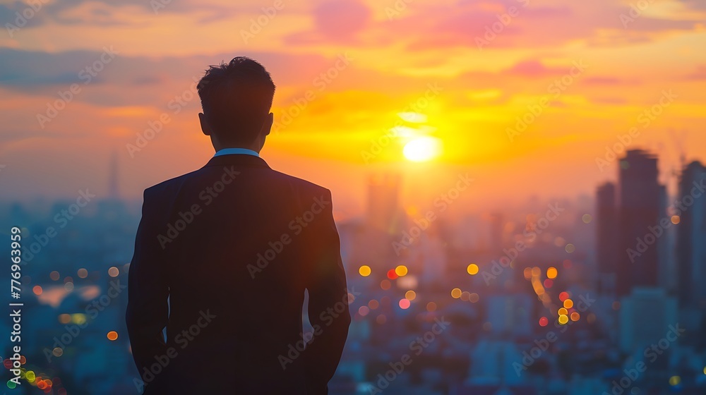 Full body portrait of successful businessman wearing a suit standing near panoramic windows, looking at sunset over city with skyscrapers