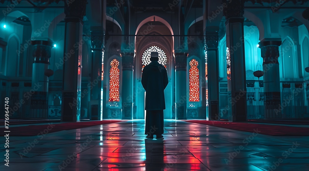 Muslim man standing praying on night in the mosque
