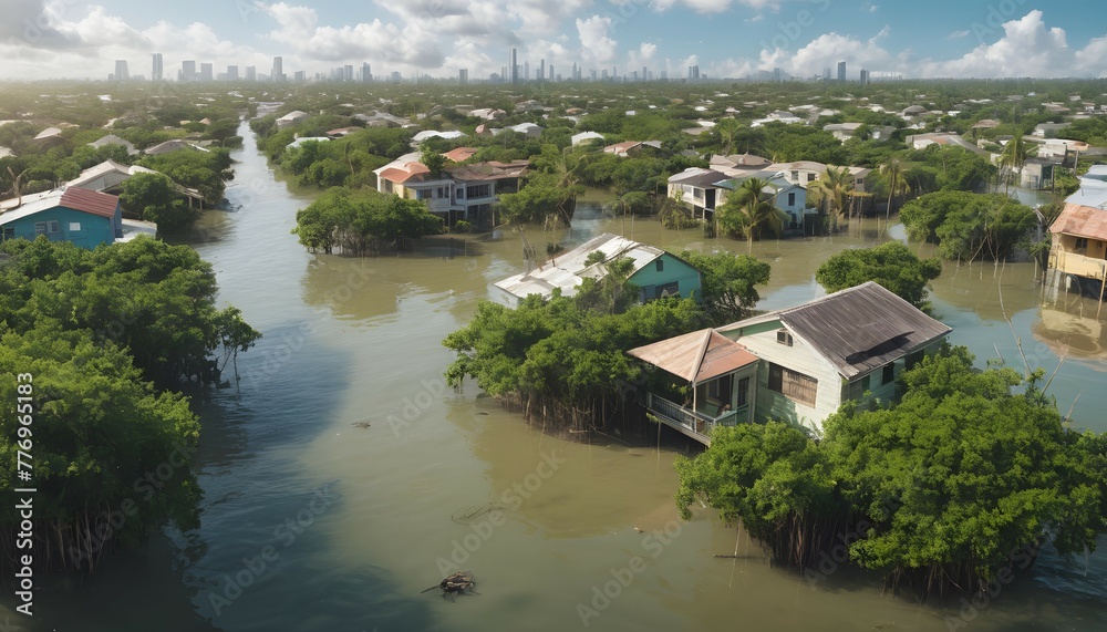 Flooded urban neighborhood with houses half submerged and mangroves flourishing in the streets, the effects of climate change, a future without humans Flooded urban neighborhood with houses half submerged and mangroves flourishing in the streets, the effects of climate change, a future without humans
