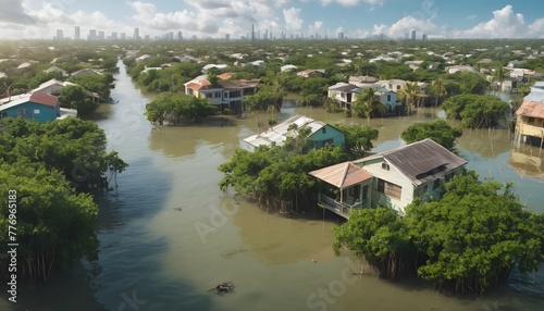 Flooded urban neighborhood with houses half submerged and mangroves flourishing in the streets, the effects of climate change, a future without humans © LilithArt